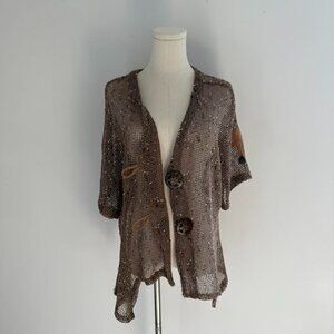 Kaktus Boho Open Weave Sequin Cardigan Brown Crochet Knit | Womens Size Large